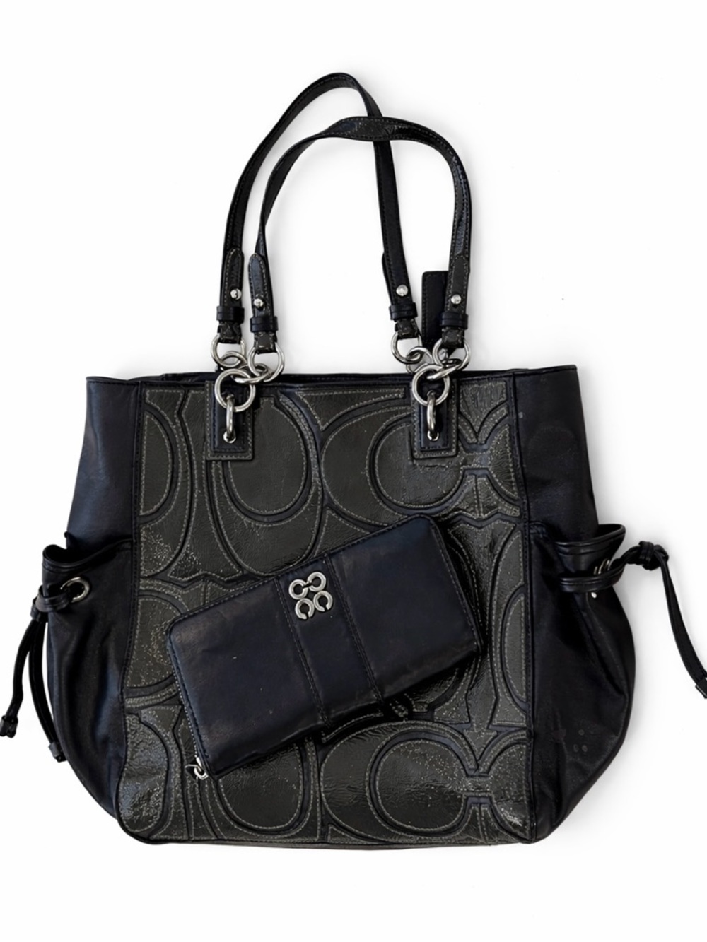 Coach Black Signature Embossed Leather Tote with Wallet